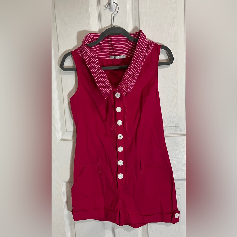 Vintage Twice Sleeveless Button-down Romper with Striped Collar in Hot Pink